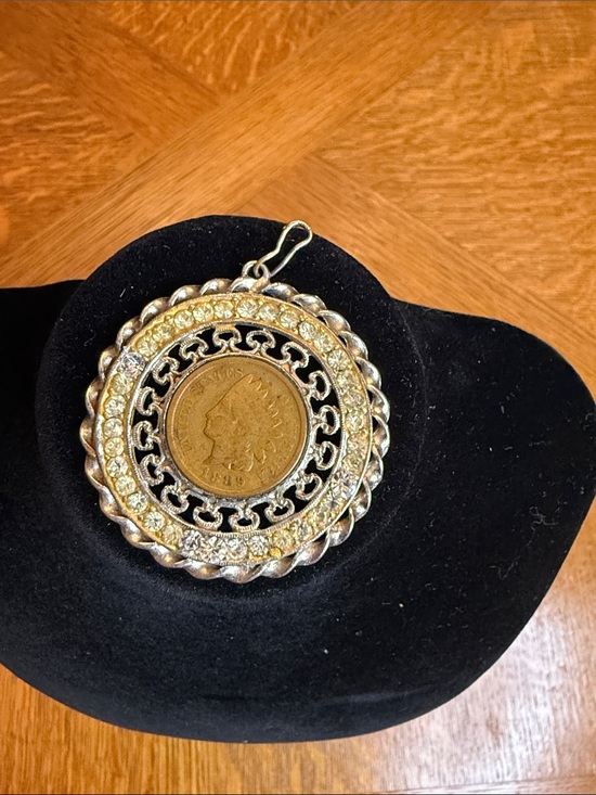 Jewelry - Vintage Coin Medallion Pendant with Rhinestone Halo
